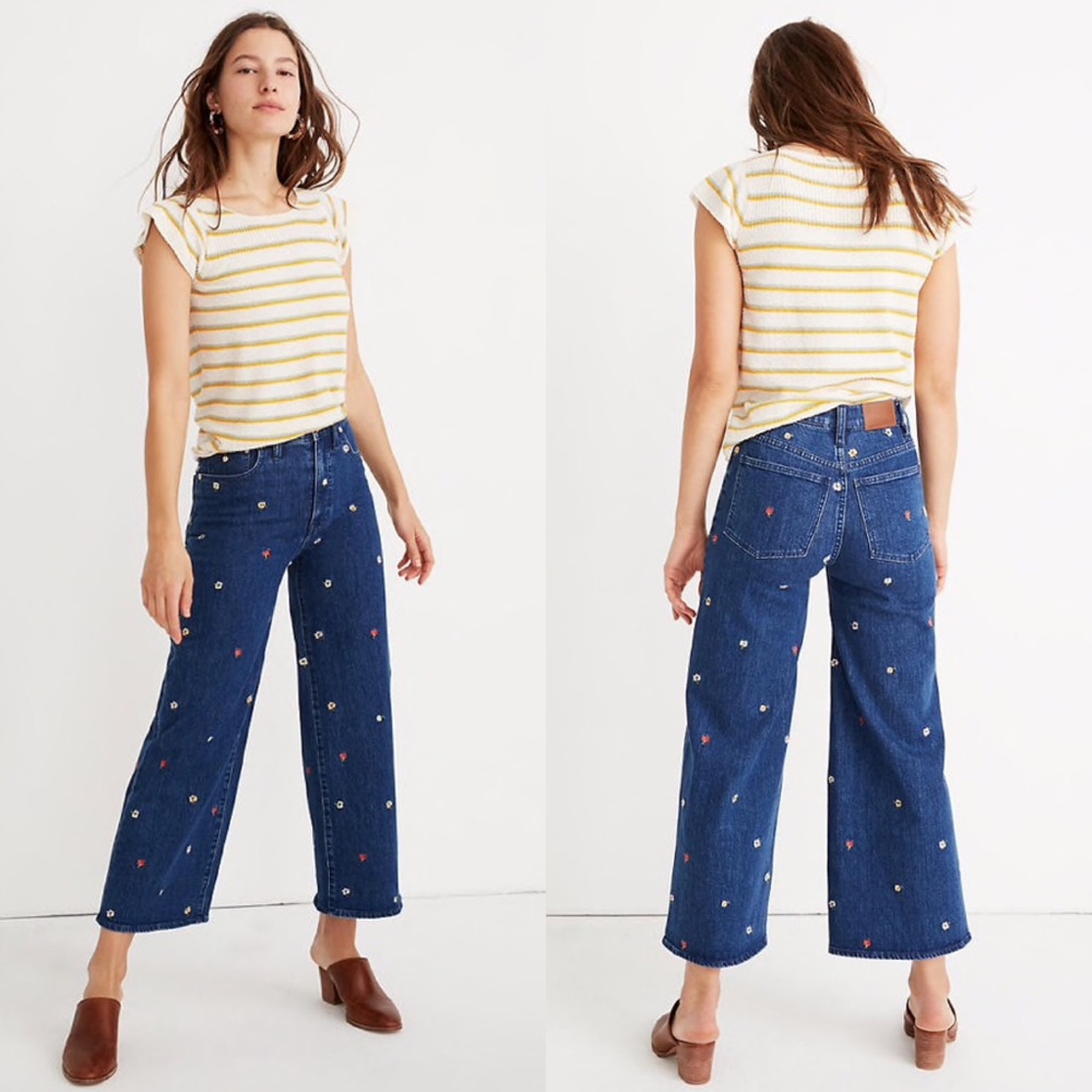 Madewell Dark Blue Embroidered Wide-Leg Jeans
